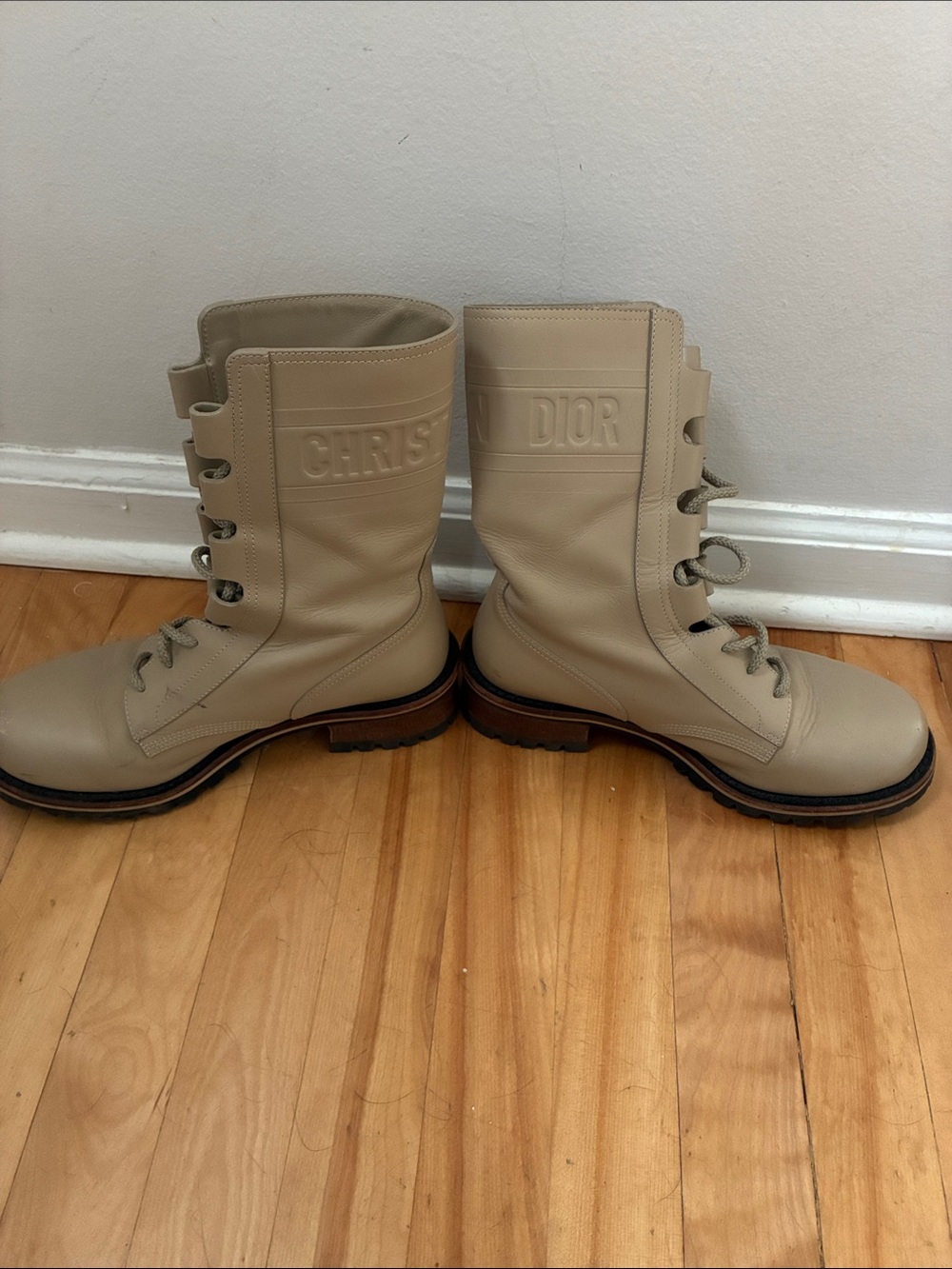 Dior Cream Leather Combat Boots with Embossed CHRIS|DIOR Shaft